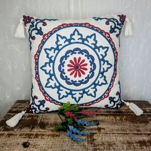 Elegant Blue and Red Embroidered Accent Pillow
